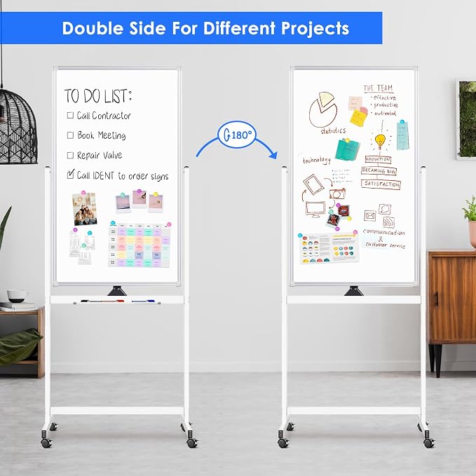 Magnetic Mobile White Board, 48 x 24 Double Sided Dry Erase Board Rolling - Image 5