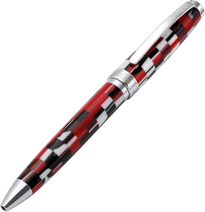 Xezo Urbanite II Ballpoint Pen, Medium Point. Sporty Red, Black, and White Checkered Acrylic on Brass. Chrome Plated. Handcrafted, Limited Edition, Serialized-DeskLoop Office
