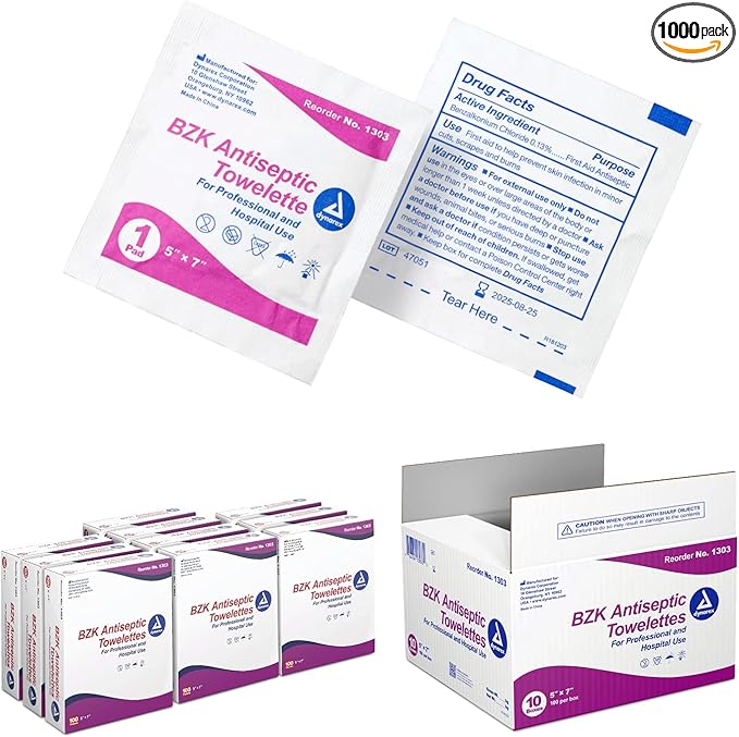 Dynarex BZK Antiseptic Towelettes, 5" x 7", Disposable and Premoistened, Individually Wrapped, 1 Case | 10 Boxes of 100 Dynarex BZK Antiseptic Towelettes (Packaging May Vary)-DeskLoop Office