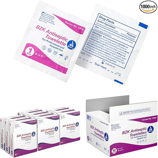 Dynarex BZK Antiseptic Towelettes, 5" x 7", Disposable and Premoistened, Individually Wrapped, 1 Case | 10 Boxes of 100 Dynarex BZK Antiseptic Towelettes (Packaging May Vary)-DeskLoop Office