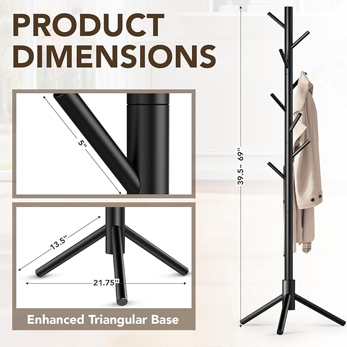 Wooden Tree Coat Rack Stand,Sturdy Freestanding Coat Rack with 8 Hooks,3 Adjustable Height for Child Adult,Wood Coat Stand Tree Fits Entryway Bedroom Office for Bags,Hats-DeskLoop Office