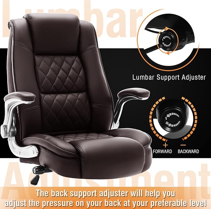 EZAKI High Back Office Chair-Flip-up Arms Executive Computer Desk Chair, Built-in Lumbar Support Thick Padded Adjustable Rock Tension Ergonomic Design for Back Pain (Brown)-DeskLoop Office