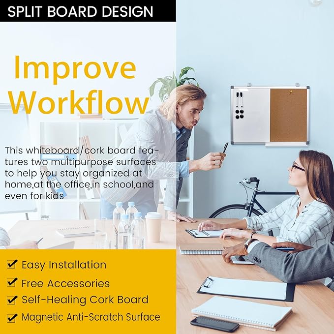 Combination Writeboard 24"x 18" Magnetic Whiteboard & Cork Board Aluminium Frame Dry Erase Board Bulletin Board Wall Mounted Memo Message-DeskLoop Office
