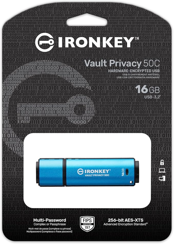 Kingston Ironkey Vault Privacy 50 USB-C 16GB Flash Drive | FIPS 197 Certified | XTS-AES 256-bit | BadUSB and Brute Force Protection | Mult-Password Option | IKVP50C/16GB-DeskLoop Office