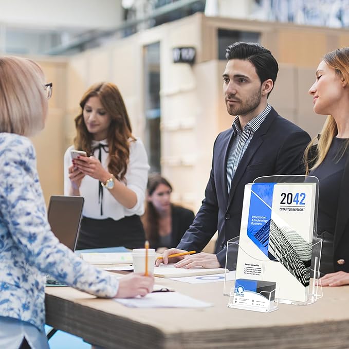 2 Pack Acrylic Brochure Holder 8.5 x 11 in with Business Card Holder, 1-Tier Brochure Display Stand with Removable Divider for 4 x 9 Inches Trifold Pamphlets, Clear Flyer Holde-DeskLoop Office