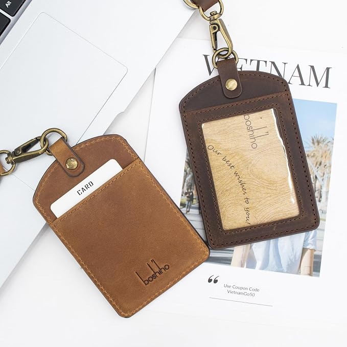 Badge Holder: Boshiho Cowhide Leather ID Badge Card Holder - Image 7