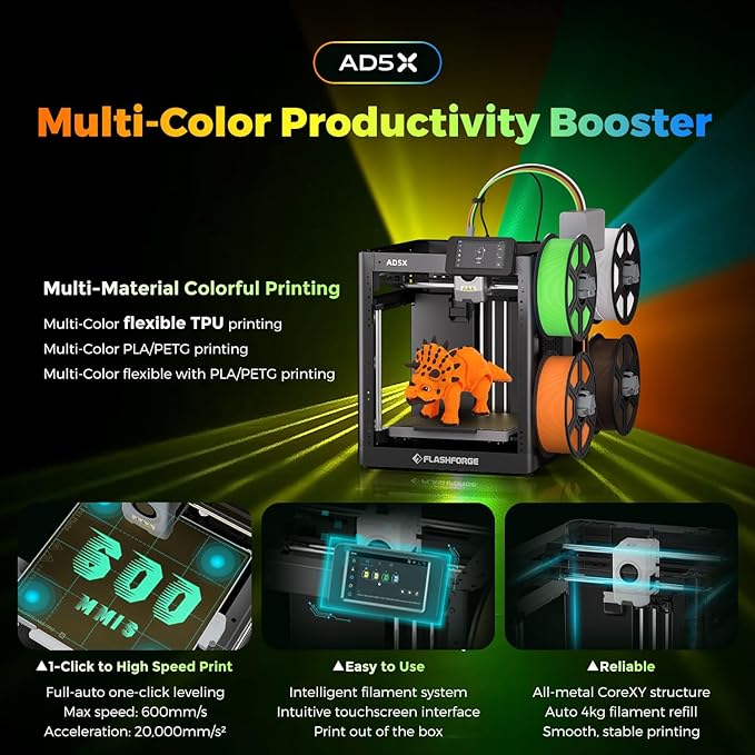 FLASHFORGE AD5X Multi-Material 3D Printer 4-Color Printing, 600mm/s Speed 1-Click Print with DIY IFS Creations, Full-Auto Calibration & Filament Backup, AD5X- Multi-Color Productivity Booster-DeskLoop Office