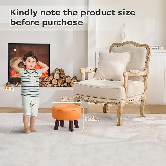 13in Small Foot Stool Ottoman, Round Faux Leather Foot Rest for Couch, Under Desk Pouf Footstool Footrest with Non-Skid Rubber Legs for Ling Room, Bedroom, 13''L x 13''W x 10.2''H, Orange-DeskLoop Office