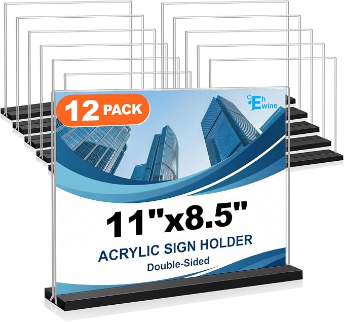 EHWINE 12 Pack Acrylic Sign Holder 8.5 x 11 Horizontal, Double-Sided Stand up by EHWINE