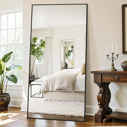 Full Length Mirror, 76"x34" Oversized Floor Mirror Freestanding, Full Body Mirror Floor Standing Mirrors with Stand, Hanging Mounted Mirrors for Bedroom Living Room, Black, Rect Style-DeskLoop Office