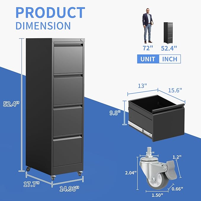 4 Drawer Mobile File Cabinet, Filing Cabinet Home Office for Letter, Legal Size, Black-DeskLoop Office
