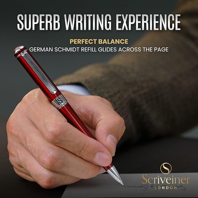 Scriveiner Deep Crimson Ballpoint Pen - Stunning Red Lacquer Luxury Pen, Chrome Finish, Schmidt Black Refill, Best Ball Pen Gift Set for Men & Women, Professional Executive Office, Nice Designer Pen-DeskLoop Office