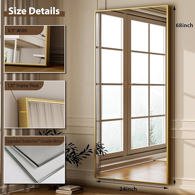 GLSLAND 68" x 24" Full Length Mirror - Rectangle Floor Mirrors Aluminum Alloy Frame Full Body Mirror for Bedroom, Living Room, Cloak Room, Gold-DeskLoop Office