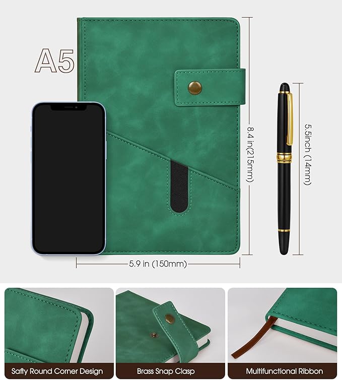 Green A5 Lined Leather Journal Notebook for Men Women,5.9" X 8.4" Personalized Hardcover Journal with Pen,200 Pages 100 Gsm Thick Ruled Paper Daily Diary for School,Travel,Work,Writing-DeskLoop Office