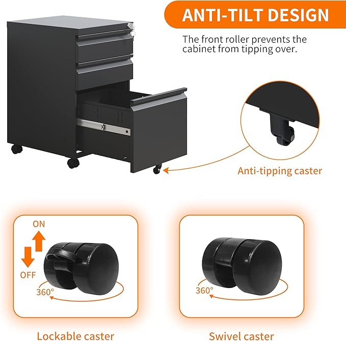 3 Drawer Mobile File Cabinet, Filing Cabinet Home Office for Letter, Legal Size, Fully Assembled Under Desk File Cabinet, Black-DeskLoop Office