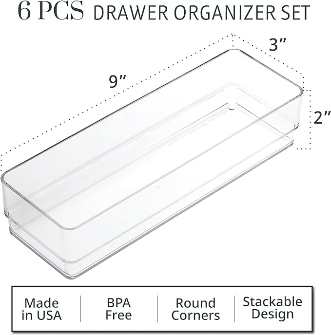 STORi SimpleSort 6-Piece Stackable Clear Drawer Organizer Set | 9" x 3" x 2" - Image 2