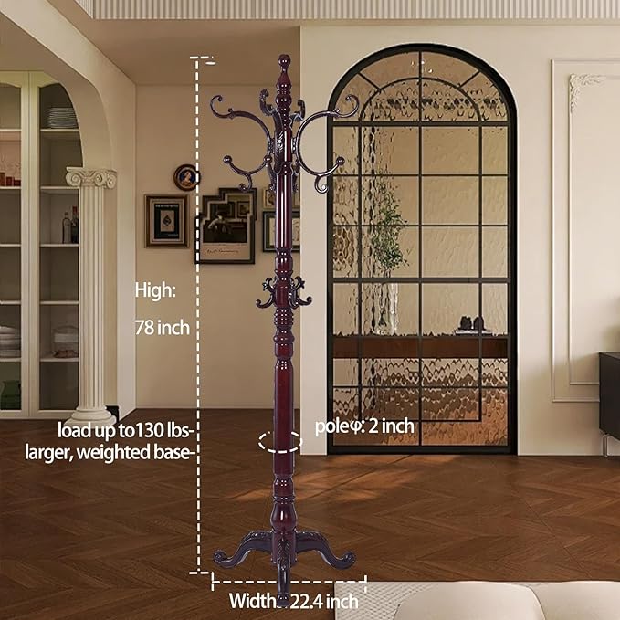 Wooden Coat Racks, Retro 78" Coat Tree with 14 Hooks & Stable Triangular Base, Entryway Coat Rack Freestanding for Hat, Clothes, Scarves, Handbags, Umbrella (Mahogany)-DeskLoop Office