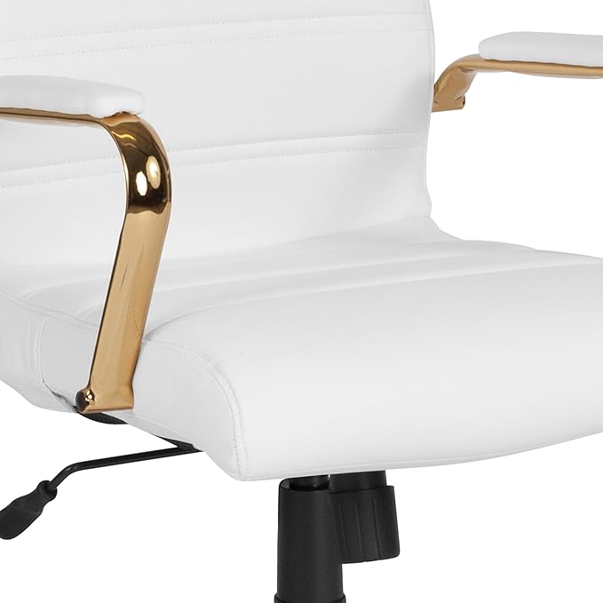 Flash Furniture Whitney Mid-Back Swivel LeatherSoft Desk Chair with Padded Seat and Armrests, Adjustable Height Padded Office Chair, 27"D x 26"W x 43"H, White/Gold-DeskLoop Office