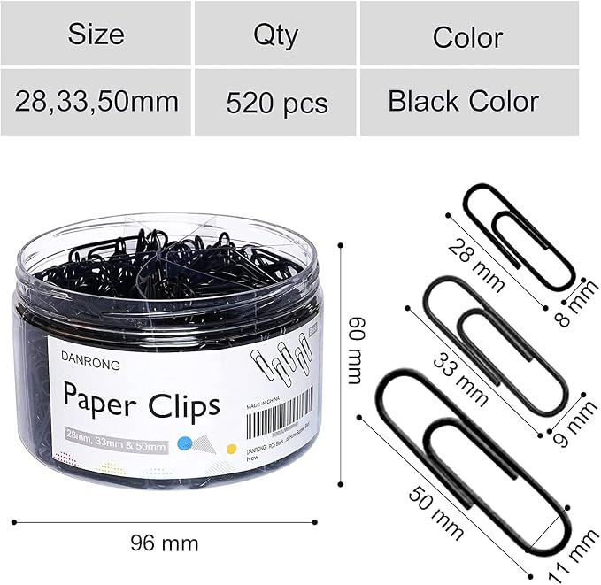 520 PCS Black Paper Clips Assorted Sizes, Small Medium and Large, Paperclips - Image 3