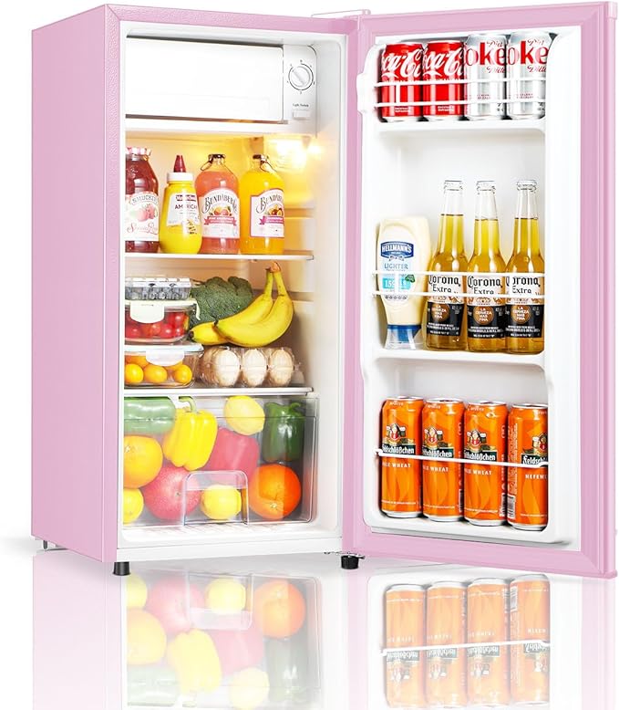 Seaoola Mini Fridge with Freezer, Single Door 3.1 Cu.Ft, Compact Mini Refrigerator, LED Light, Adjustable Thermostat, Removable Glass Shelves, Small Refrigerator for Dorm/Office/Bedroom(Pink)-DeskLoop Office