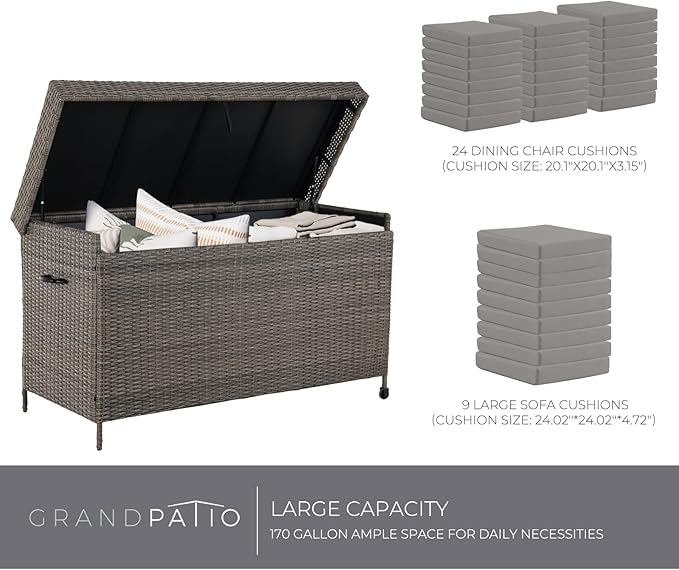 Grand patio 170 Gallon Deck Storage Box Deck Box Outdoor Storage Box Indoor Wicker Storage Bin Patio Storage Box for Patio Furniture Cushions Garden Tools Pool Accessories, Light Brown-DeskLoop Office