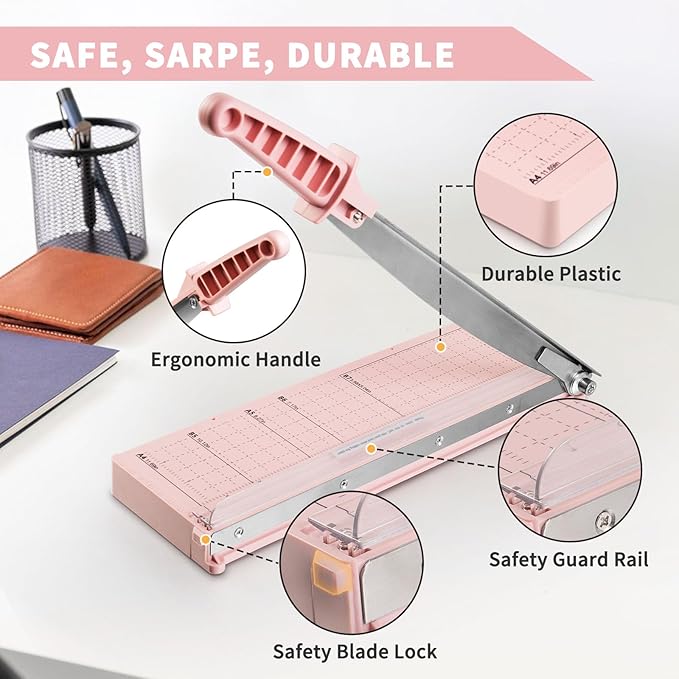 MAKEASY Paper Cutter 12 Inch, Guillotine Paper Cutter with 8 Sheet Capacity, Heavy Duty Paper Cutter for Cardstock, Paper Trimmer for Crafting, Classroom and Office, Pink-DeskLoop Office