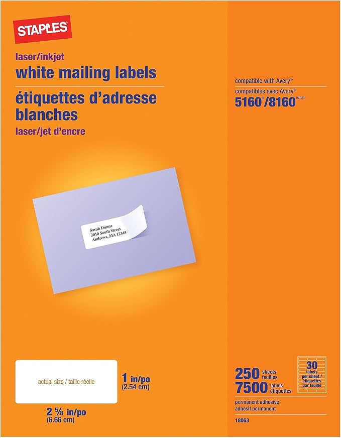 Staples Laser/Inkjet Address Labels, 30 Labels/Sheet, 5 Boxes/Case by Staples