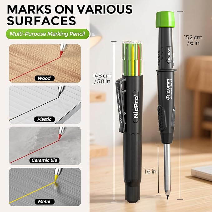Nicpro Carpenter Pencil with Sharpener, CP3000 Construction Pencils with 6 Refills in a Lead Dispenser, Deep Hole Mechanical Pencil for Construction, Heavy Duty Carpenter Tools for Woodworking Marking