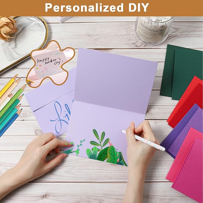100 Packs 10 Assorted Colors Blank Note Cards and Envelopes 4 x 6 Heavyweight Folded Cardstock and A4 Envelopes Self Seal for Invitations, Wedding, DIY Greeting Cards, Birthday, Baby Showers