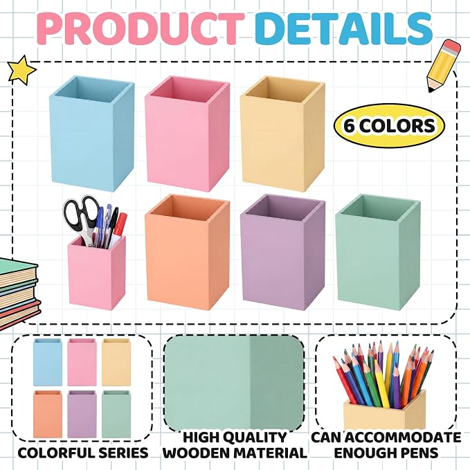 Ctosree 6 Pcs Pastel Wooden Pencil Holder Back to School Pastel classroom Decor - Image 3
