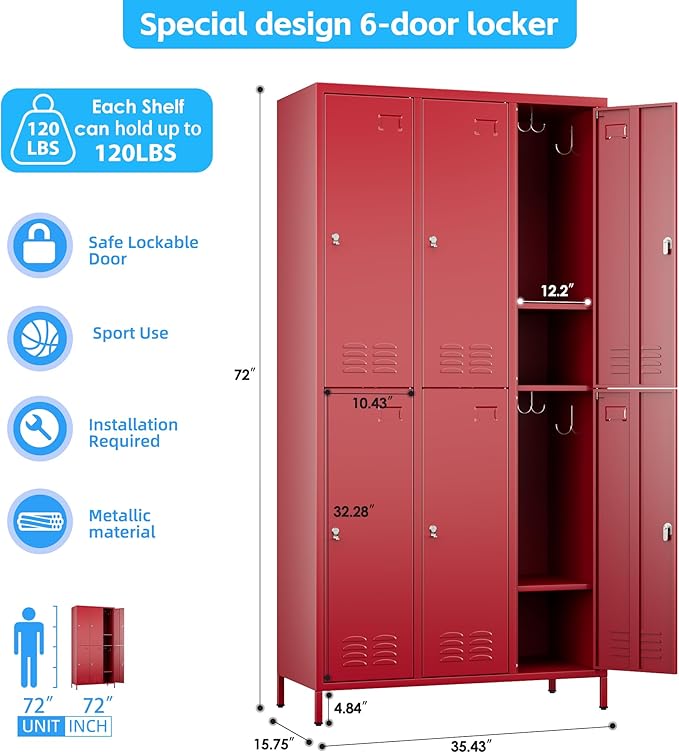 6 Doors Metal Locker with Business Card Holder and 18 Hooks,Metal Locker for Employees with Ventilation Holes for School Garage Office Gym Home,Assembly Required,Red-DeskLoop Office