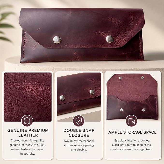 Genuine Leather Cash Envelope Wallet, Two Snap Money Pouch - Image 6
