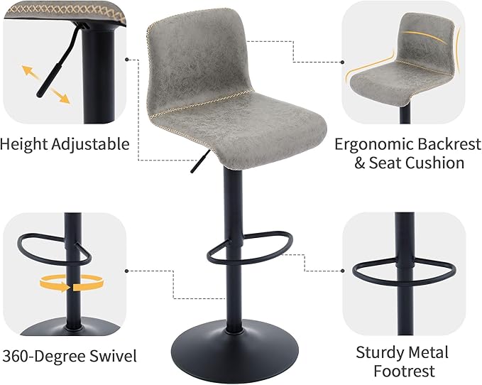 HeuGah Swivel Bar Stools Set of 4, Counter Height Bar Stools with Back, Adjustable Bar Stools 24" to 32", Gray Faux Leather Bar Chairs for Kitchen Island (Gray, Set of 4 (24'' to 32''))-DeskLoop Office