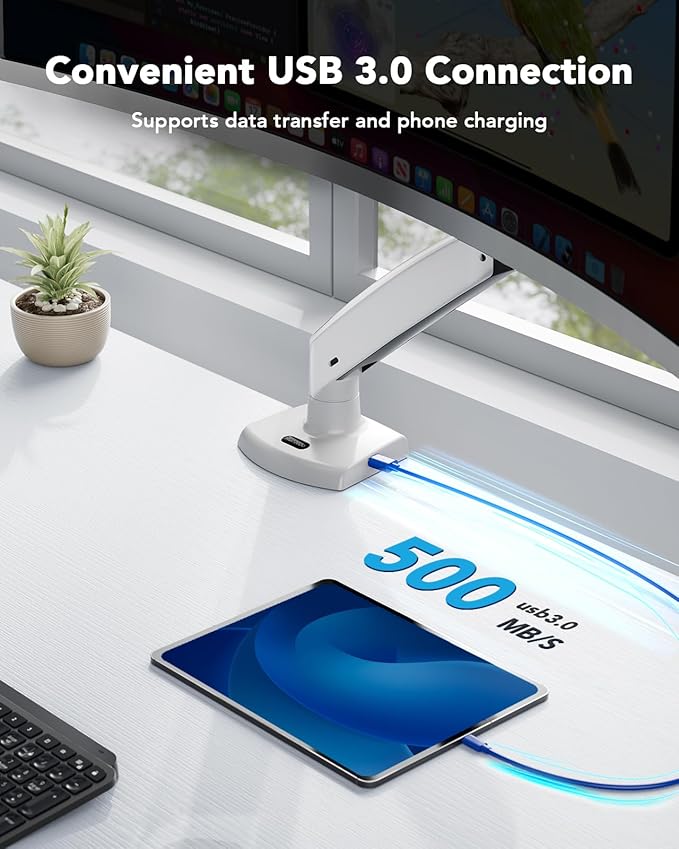 HUANUO Single Monitor Arm for 40 inch Screens, Ultrawide Computer Monitor Mount Holds 26.48 lbs, Upgraded Adjustable Stand with USB, C-Clamp & Grommet Base, VESA 75x75 or 100x100mm-DeskLoop Office