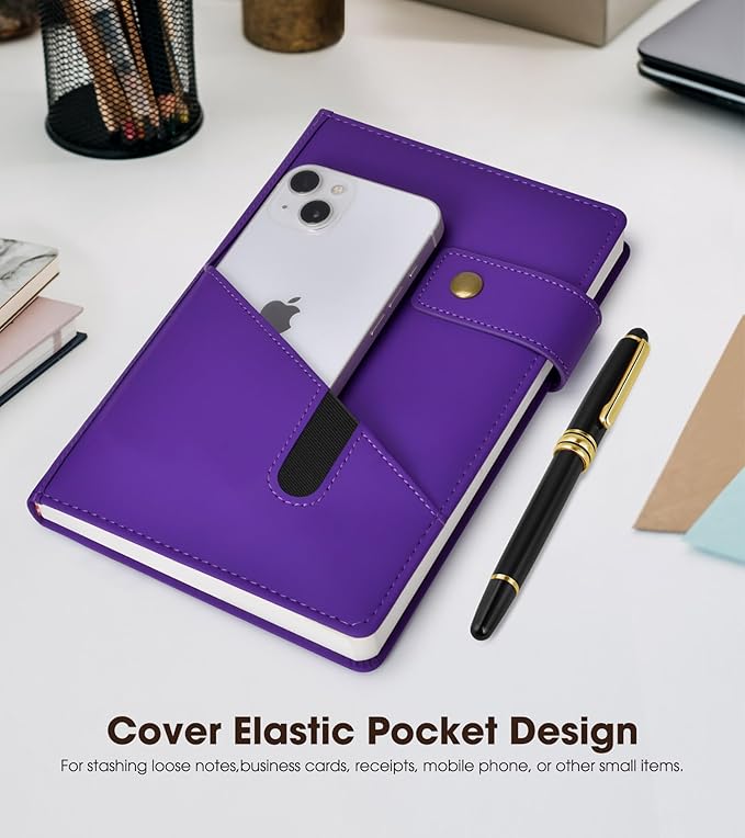 Purple A5 Lined Leather Journal Notebook for Men Women,5.9" X 8.4" Personalized Hardcover Journal with Pen,200 Pages 100 Gsm Thick Ruled Paper Daily Diary for Travel,Business,Work,Writing-DeskLoop Office