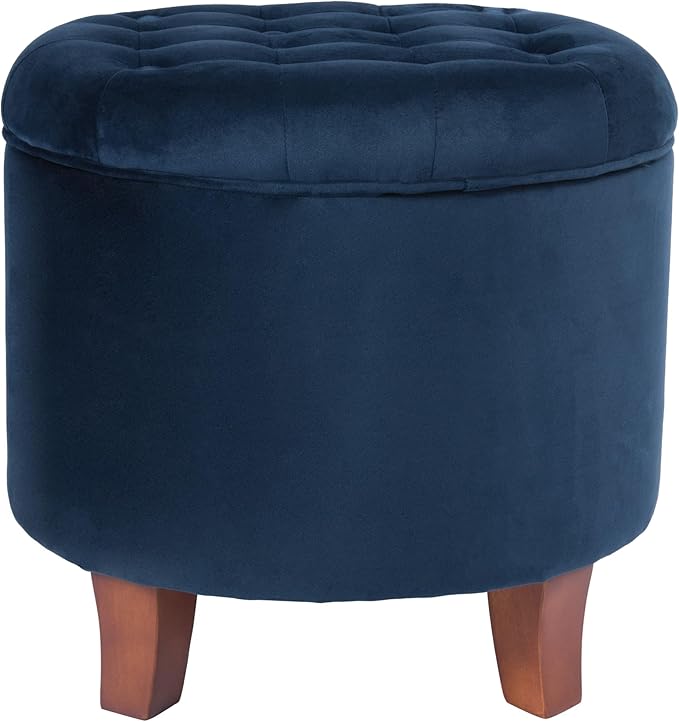 HomePop by Kinfine Fabric Upholstered Round Storage Ottoman - Velvet Button Tufted Ottoman with Removable Lid, Navy Blue-DeskLoop Office