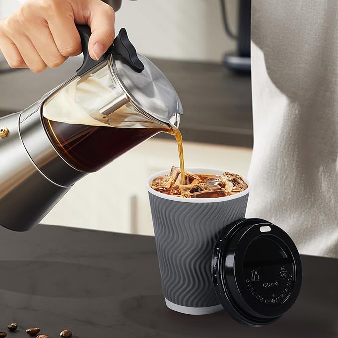 100 Pack 12 oz Disposable Coffee Cups with Lids, Insulated Ripple Wall To-Go Paper Coffee Cups Suitable for Chocolate Cocoa and Hot/Cold Drinks (Grey)