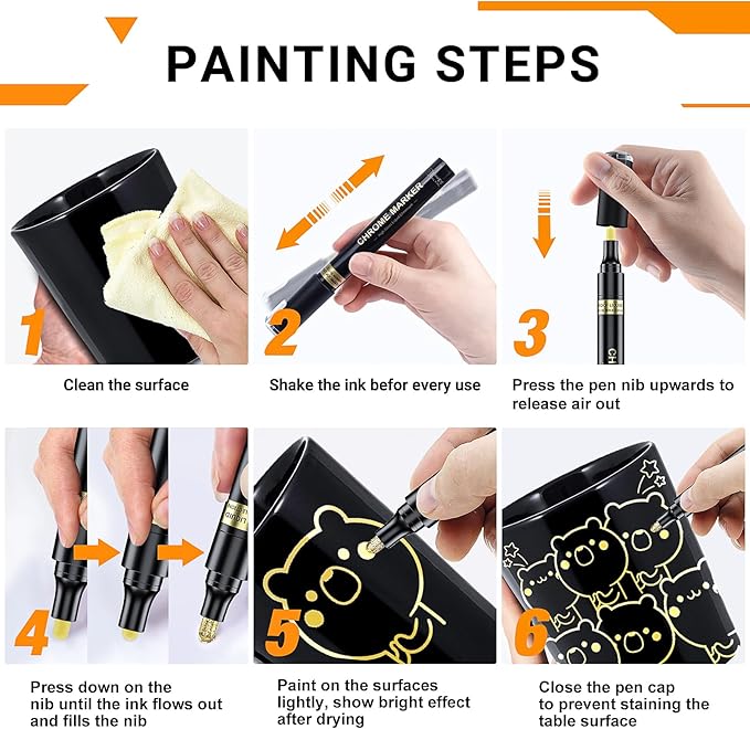 3Pcs Gold Liquid Mirror Chrome Markers, Permanent Reflective Metallic Gold Paint Pen, High Gloss Car DIY Model Painting, Touch Up Repair Kit for Plastic Metal Glass Fabric Ceremic Resins-DeskLoop Office