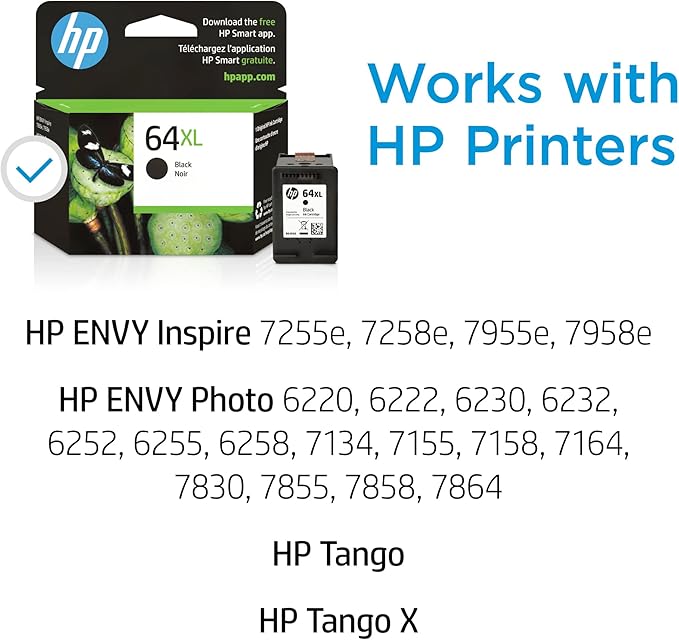 HP 64XL Black High-yield Ink Cartridge for HP Printers | Works with Printer Series: ENVY Inspire 7950e; ENVY Photo 6200, 7100, 7800; Tango | Eligible for Instant Ink | N9J92AN-DeskLoop Office