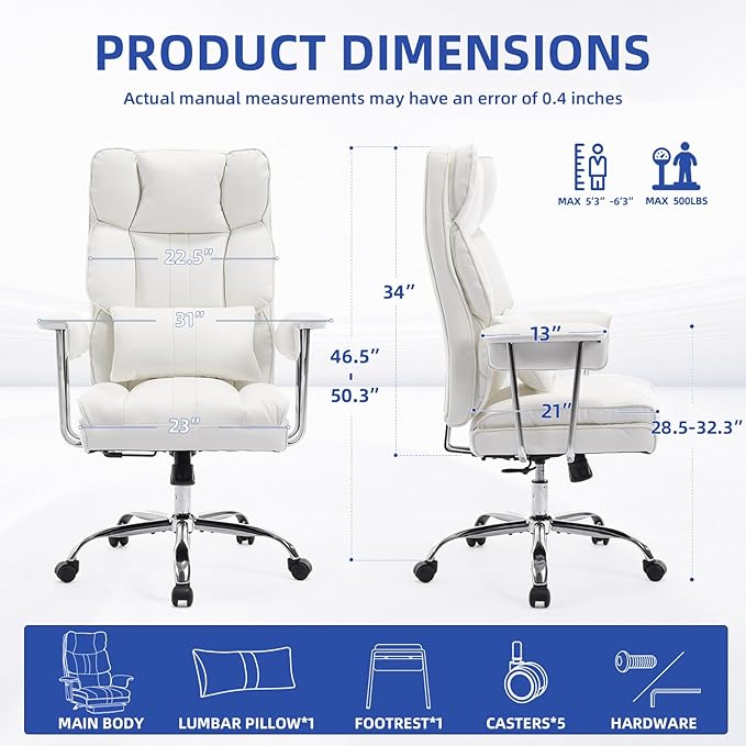 Big and Tall Office Chair 500lbs Wide Seat Executive Office Desk Chair High-Back Office Task Chair with,Ergonomic Lumbar Support Computer Office Chairs for Heavy People(White)-DeskLoop Office