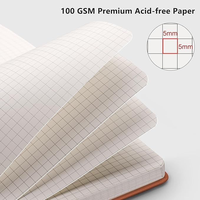 RETTACY Graph Grid Paper Notebook, 192 Pages, A5 Medium Size (5.7'' x 8.3''), 5 Squares per Inch, Leather Hardcover, 100 GSM Thick Paper, for School, Students, Math, Engineering (Brown)-DeskLoop Office