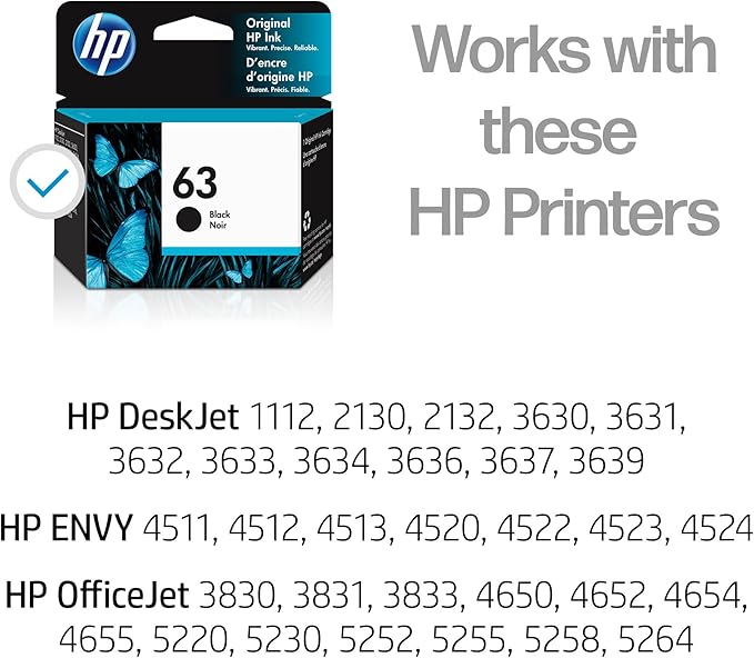 HP 63 Black Ink Cartridge for HP Printers | Works with Printer Series: DeskJet 1112, 2130, 3630; ENVY 4510, 4520; OfficeJet 3830, 4650, 5200 | Eligible for Instant Ink | F6U62AN-DeskLoop Office