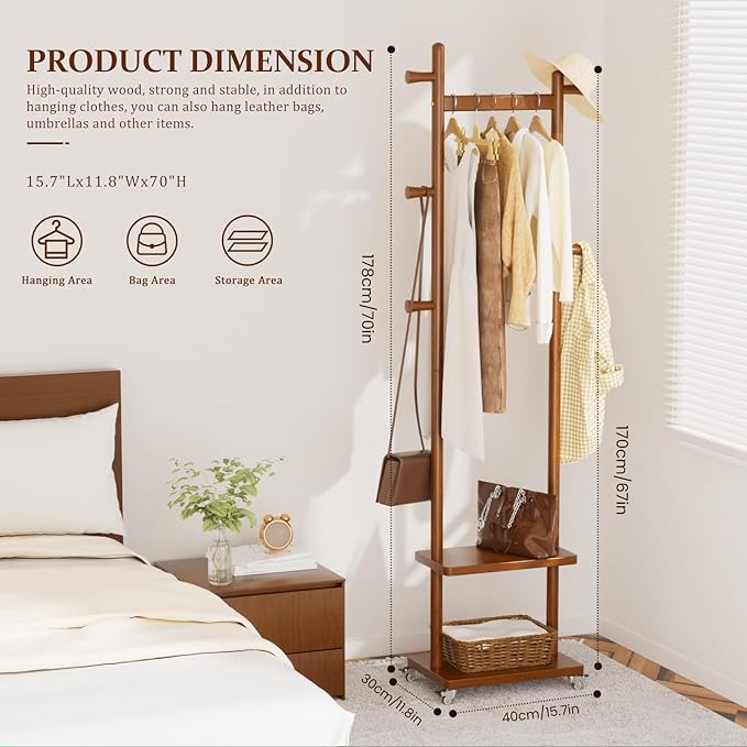 Coat Rack Freestanding Clothing Rack with Wheels & 2 Shelves Storage & 5 Hooks Heavy Duty Clothes Rack Wood Coat Tree Stand Hat Hanger Rack for Corner Bedroom Entryway Living Room Hotel-DeskLoop Office