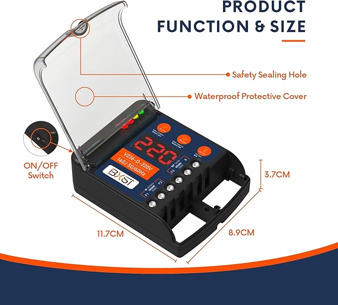 BXST Heavy Duty Wiring Surge Protector with LED Display Adjustable Voltage & Delay Protection, 220V, 30A, 6600W Max, 140J Surge Protection for Refrigerators, Air Conditioning, Motors, Pumps-DeskLoop Office