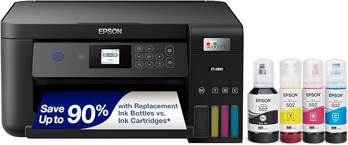 Epson EcoTank ET-2850 Wireless Color All-in-One Cartridge-Free Supertank Printer with Scan, Copy and Auto 2-Sided Printing - Black, Medium-DeskLoop Office
