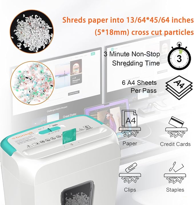 Bonsaii High Security Shredding Paper Shredder, 6-Sheet Cross-Cut, Credit Card - Image 6