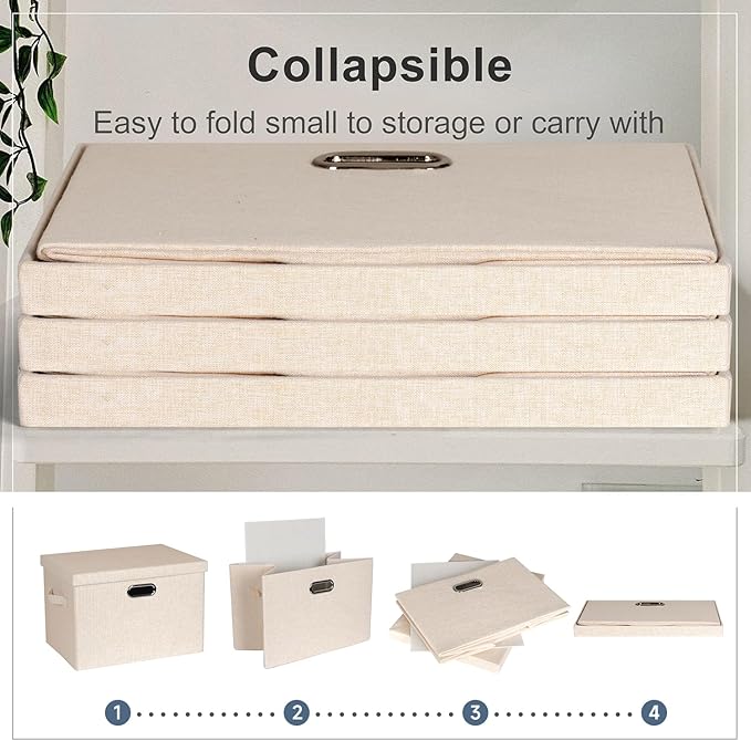 Large 17" 36 Quart Collapsible Stackable Storage Bins with Lids, 3 Packs Light Orange Linen Fabric Closet Boxes with Lids, Storage Cube Baskets Container Organizers for Office (17x12x11)-DeskLoop Office
