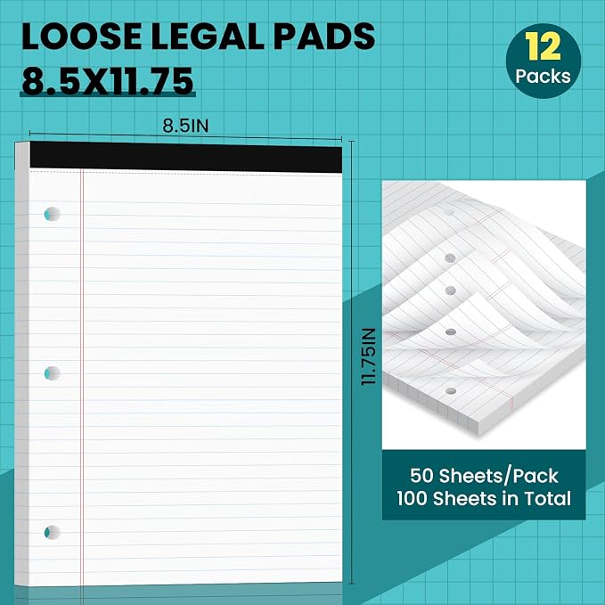 Legal Pads 8.5x11, 50 Sheets/Pack, 12 Pack, 3-Hole Punch & Perforated Writing - Image 2