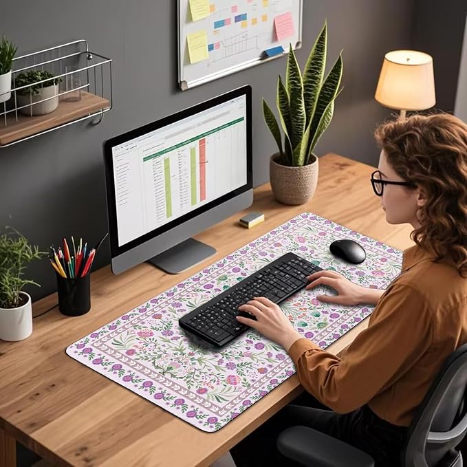 Purple Floral Desk Mat, 31.5"x15.7" Large Mouse Pad, Anti-Slip Rubber Base - Image 2