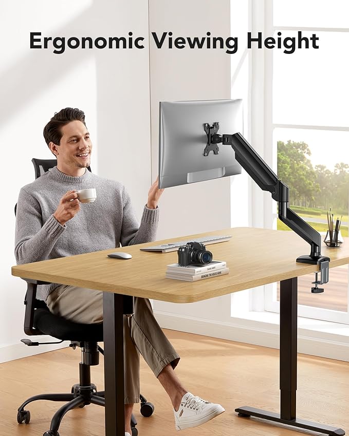 HUANUO Single Monitor Arm 13-34 Inch, Adjustable Gas Spring Arm, Monitor Desk Mount for 4.4-22lbs, VESA 75/100mm with C-Clamp/Grommet Base, Ergonomic Stand for Work/Gaming-DeskLoop Office